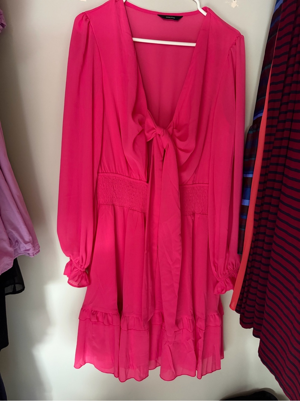 Women's Fuchsia Long-Sleeve Tie-Neck Dress